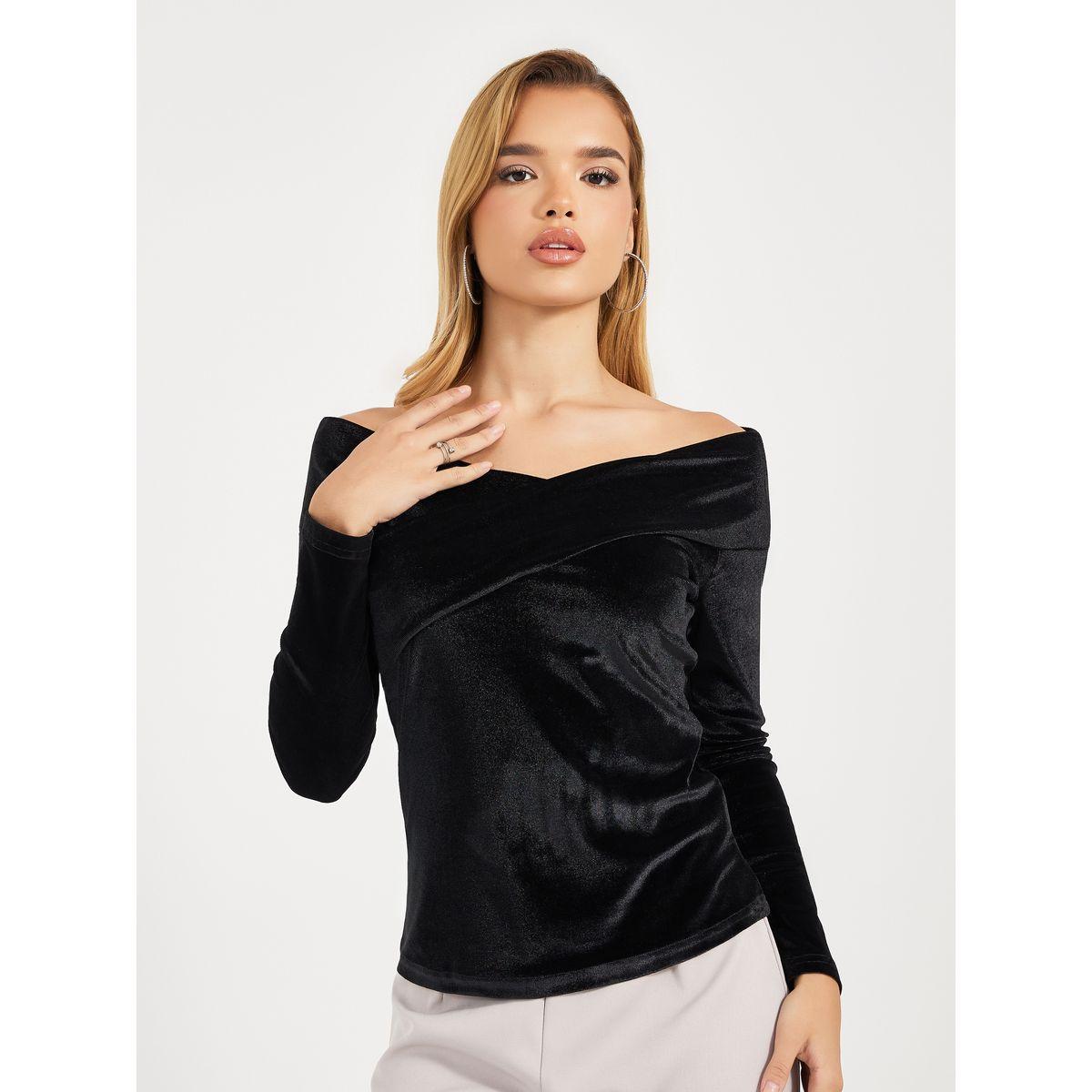 Styli Off Shoulder Neck Velvet Knit Top-women-clothing-tshirts-image-1