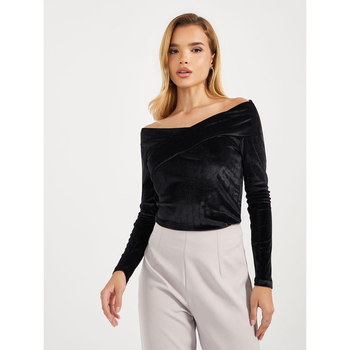 Styli Off Shoulder Neck Velvet Knit Top-women-clothing-tshirts-image-2