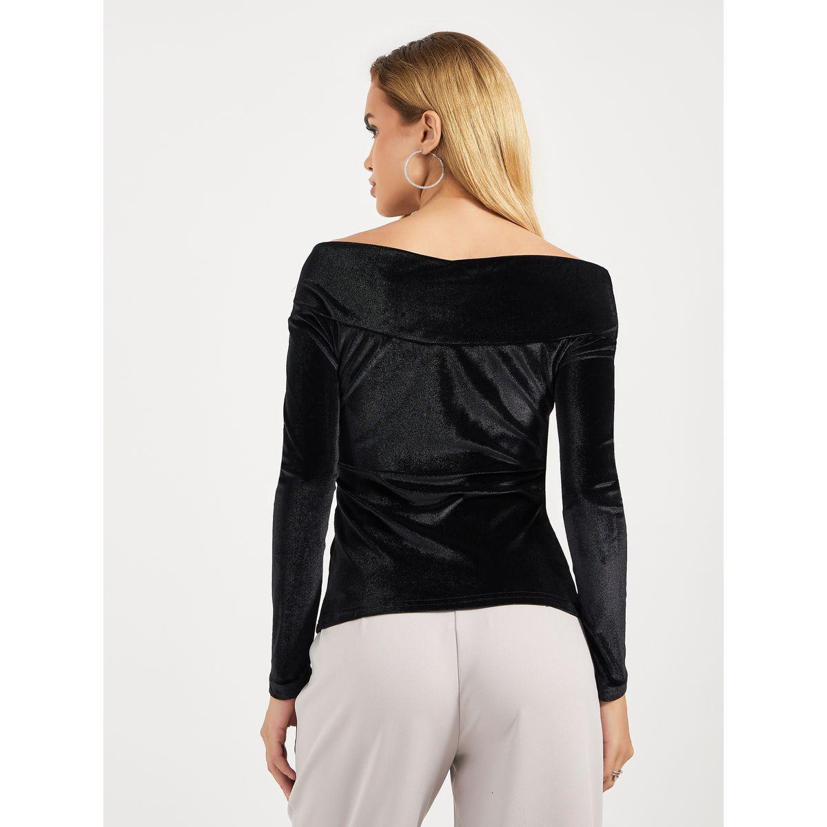 Styli Off Shoulder Neck Velvet Knit Top-women-clothing-tshirts-image-5