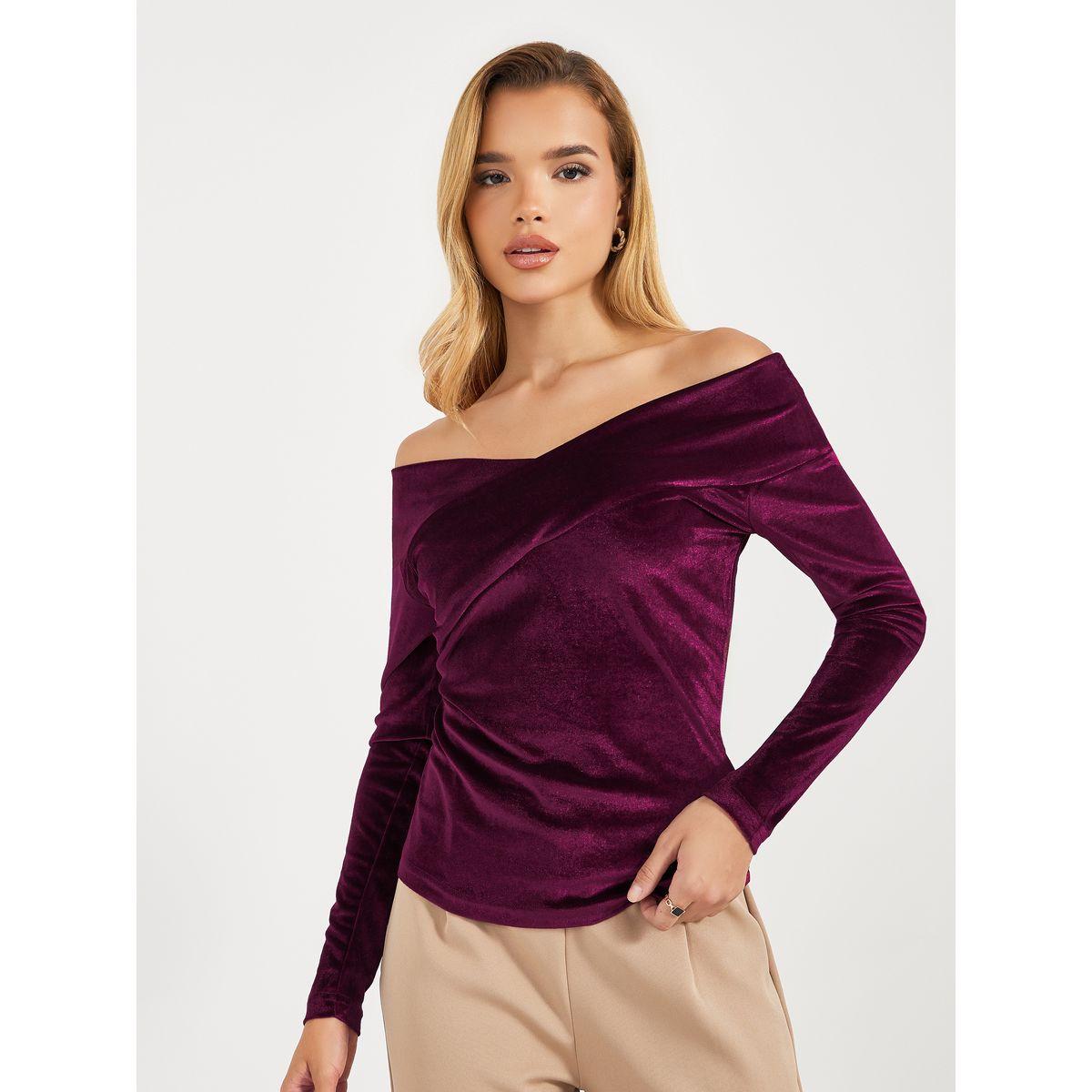 Styli Off Shoulder Neck Velvet Knit Top-women-clothing-tshirts-image-1