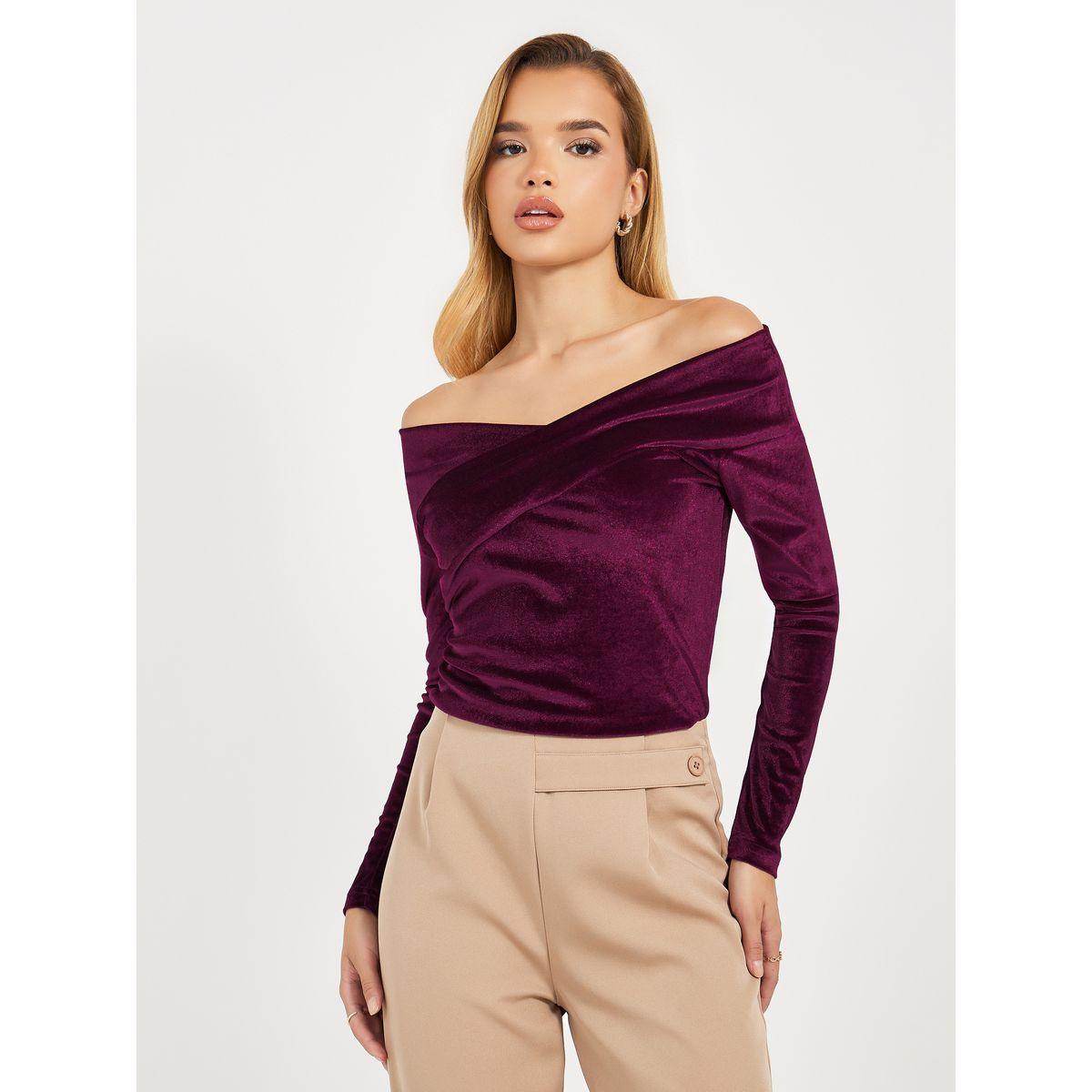 Styli Off Shoulder Neck Velvet Knit Top-women-clothing-tshirts-image-2