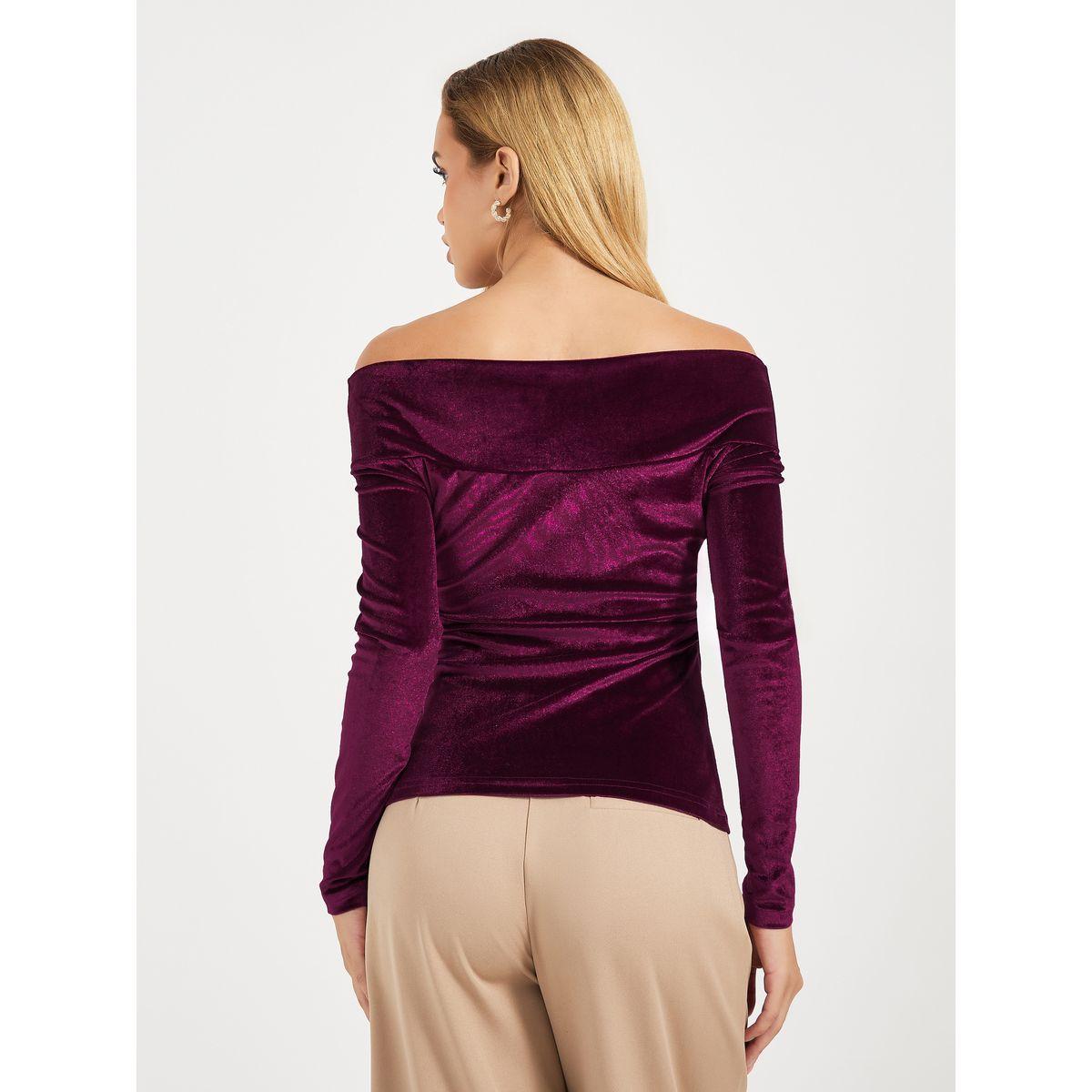 Styli Off Shoulder Neck Velvet Knit Top-women-clothing-tshirts-image-5