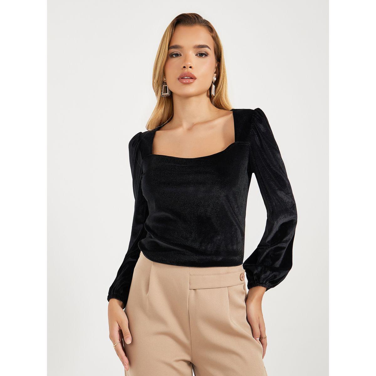Styli Square Neck Velvet Knit Top with Puff Sleeves-women-clothing-shirtsandblouses-blouses-image-1