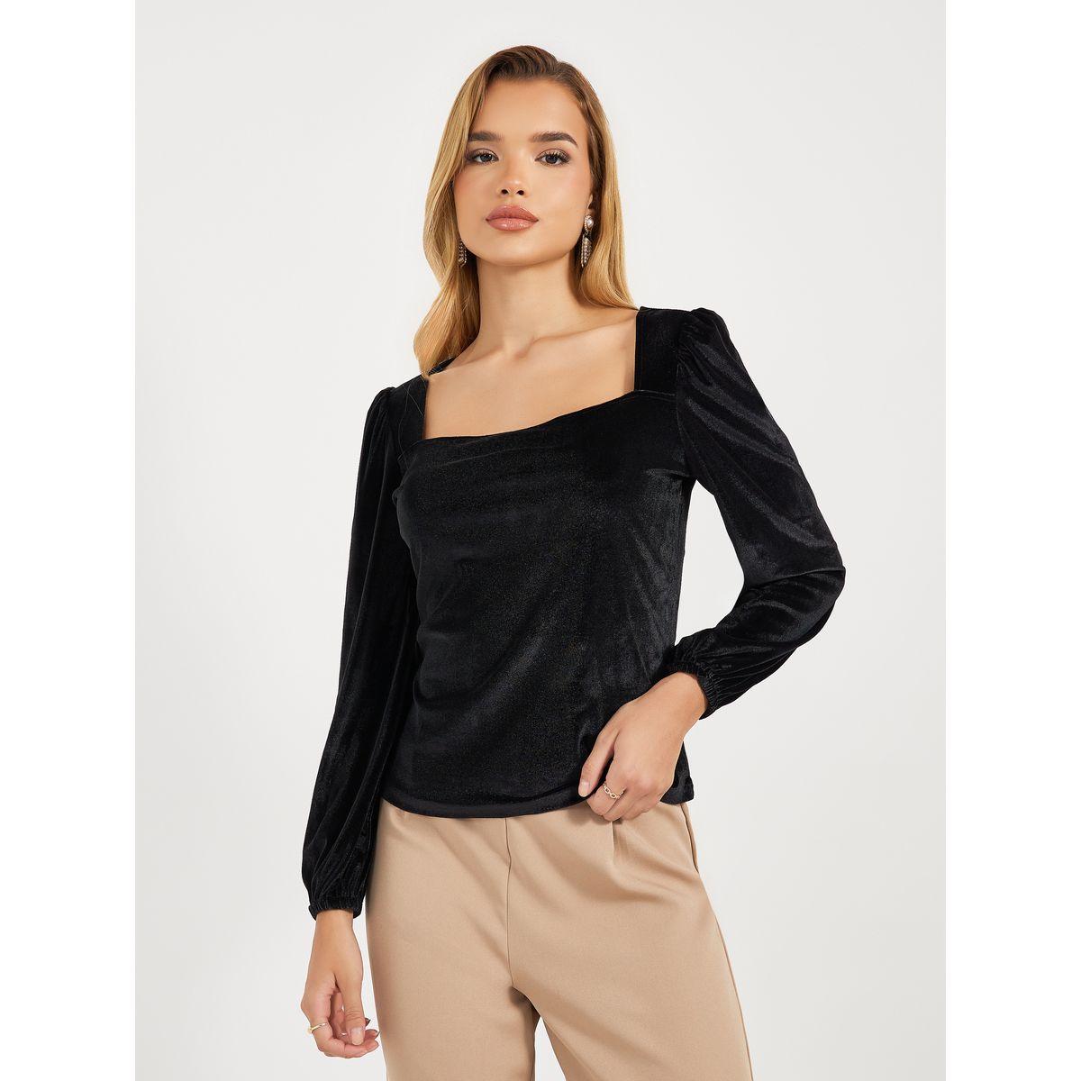 Styli Square Neck Velvet Knit Top with Puff Sleeves-women-clothing-shirtsandblouses-blouses-image-2