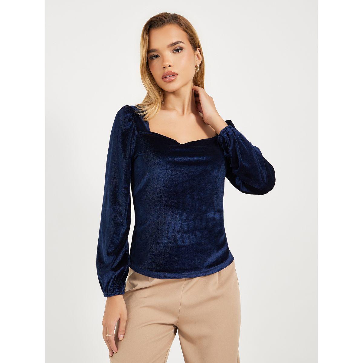 بلوزة محبوكة بياقة واسعة وأكمام منفوخة-women-clothing-shirtsandblouses-blouses-image-1