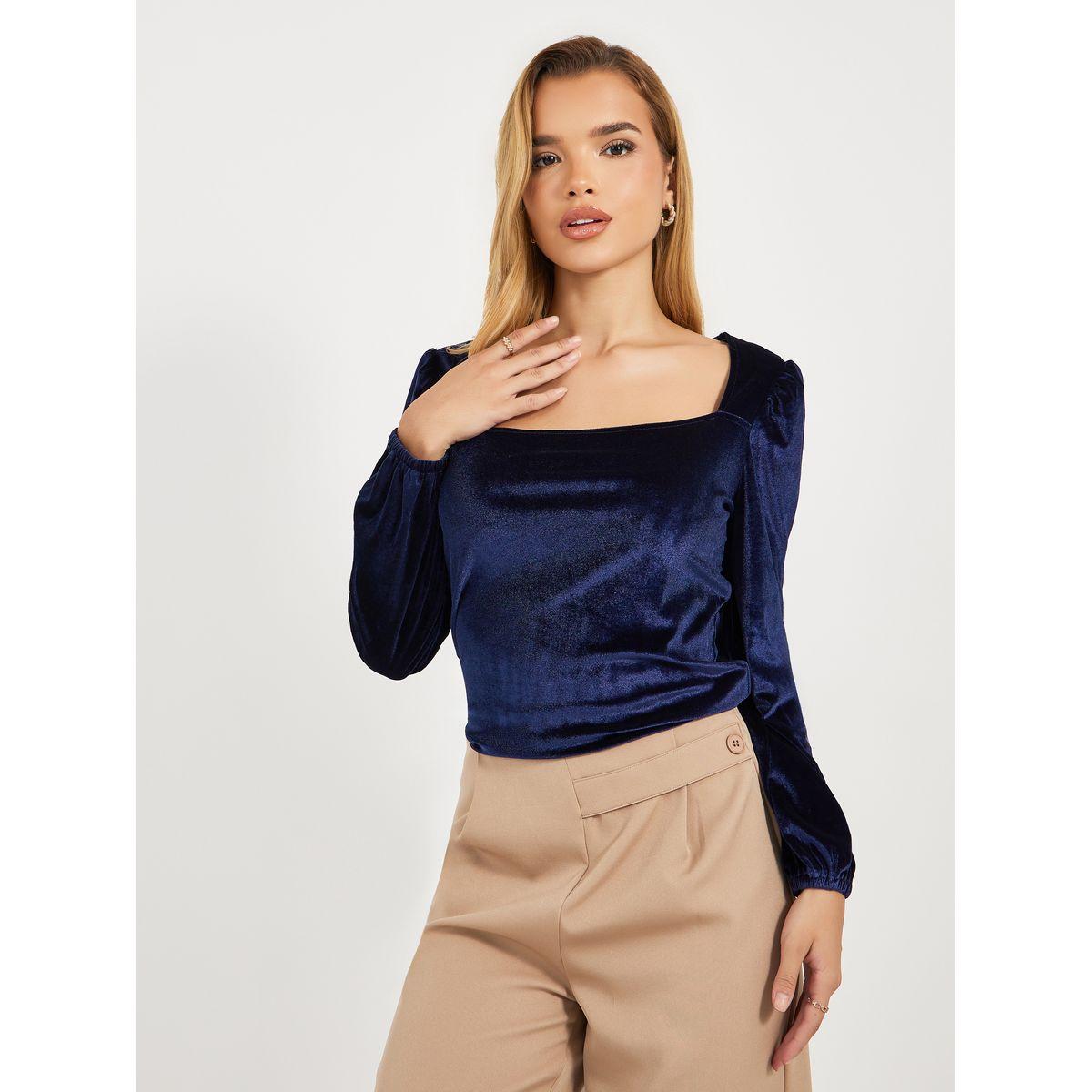 بلوزة محبوكة بياقة واسعة وأكمام منفوخة-women-clothing-shirtsandblouses-blouses-image-2