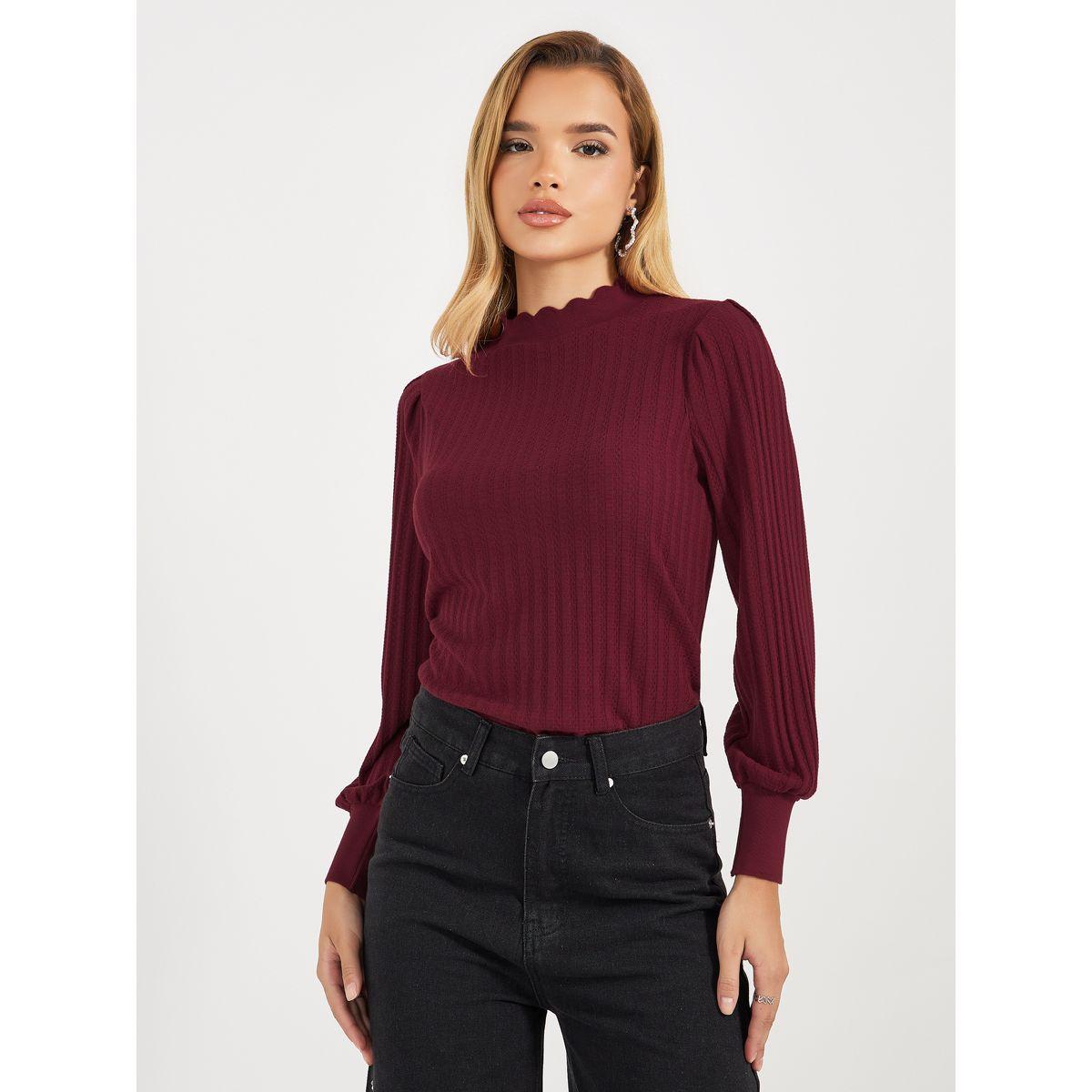 Styli High Neck Pointelle Knit Top-women-clothing-tshirts-image-2