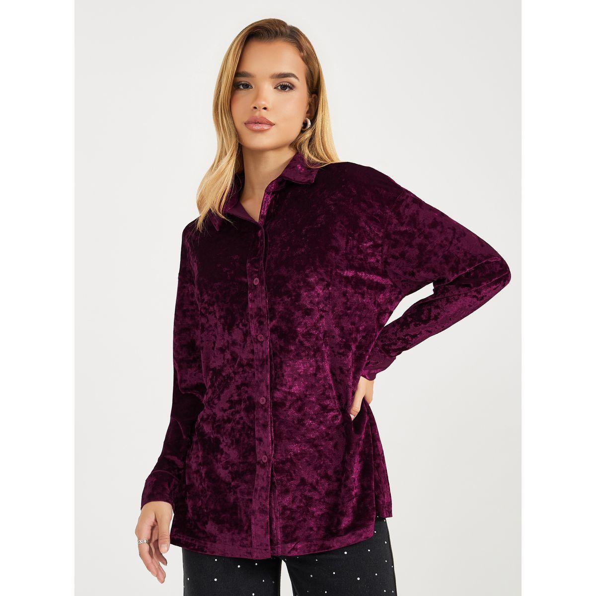 Styli Velvet Look Oversized Longline Shirt-women-clothing-shirtsandblouses-shirts-image-1
