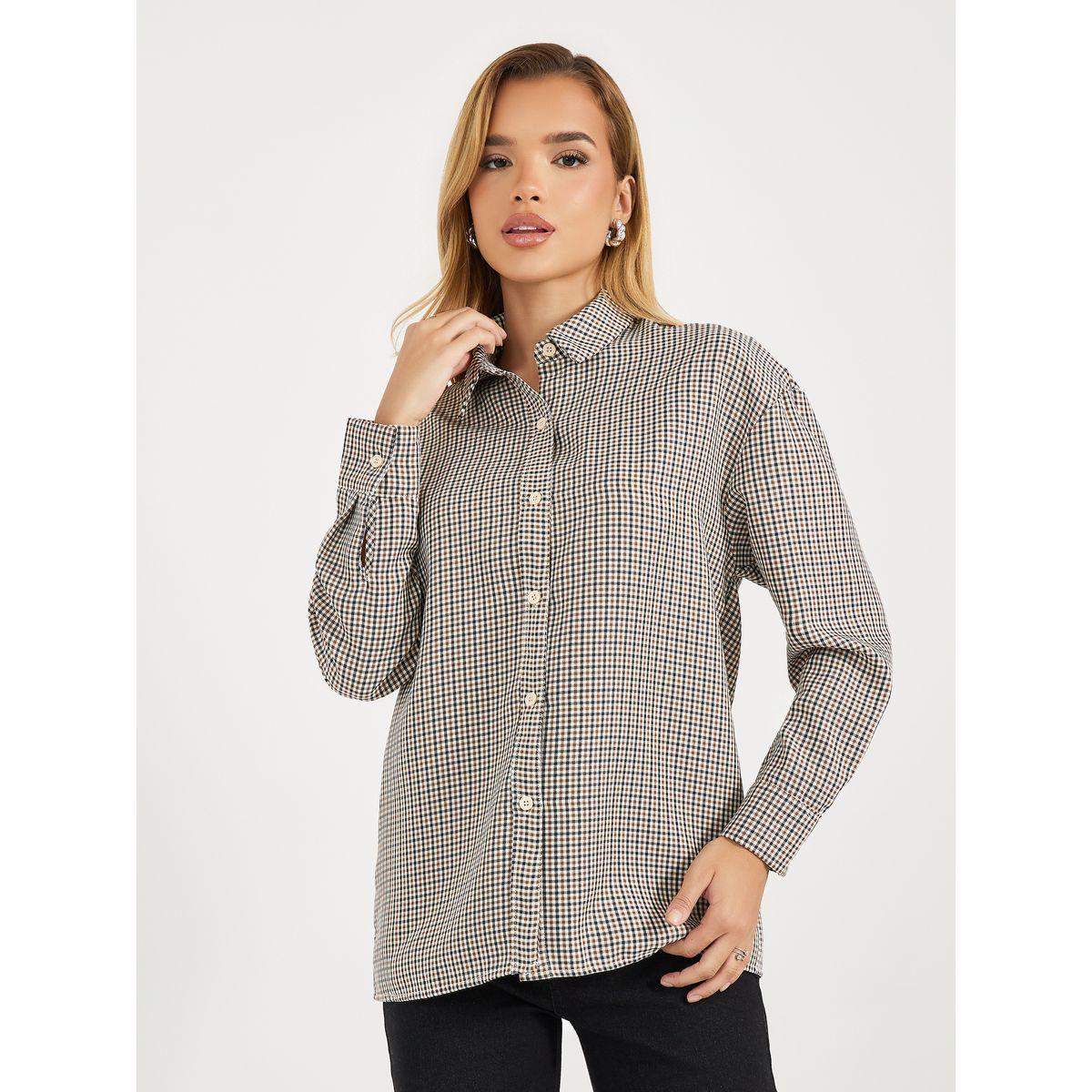 Styli Check Oversized Shirt with Button Placket-women-clothing-shirtsandblouses-shirts-image-1