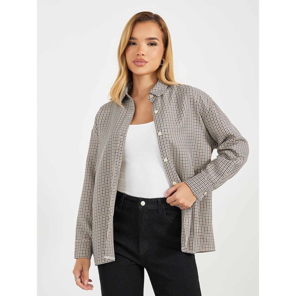 Styli Check Oversized Shirt with Button Placket-women-clothing-shirtsandblouses-shirts-image-2
