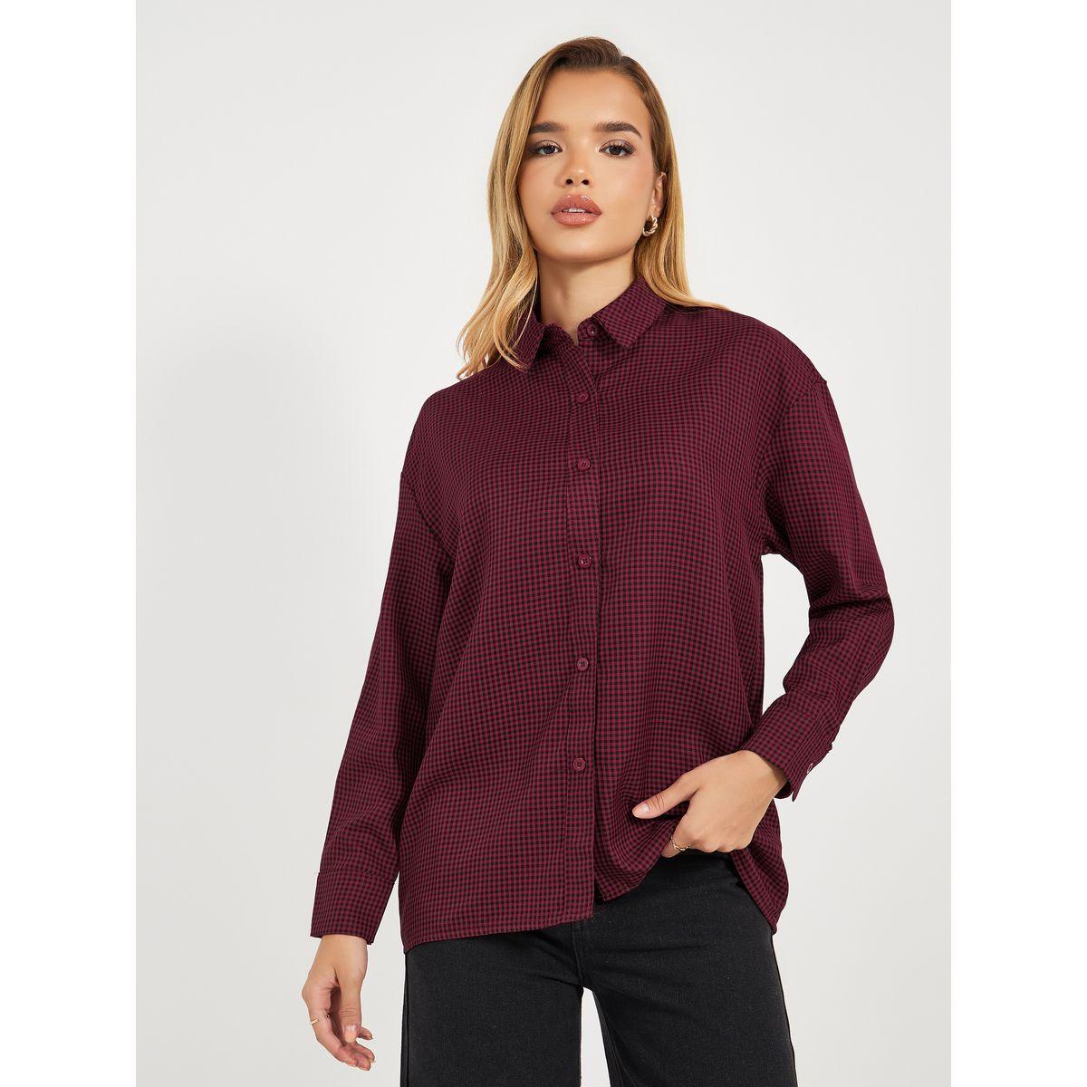 بلوزة فضفاضة بطبعة مربعات مع أزرار غلق-women-clothing-shirtsandblouses-shirts-image-1