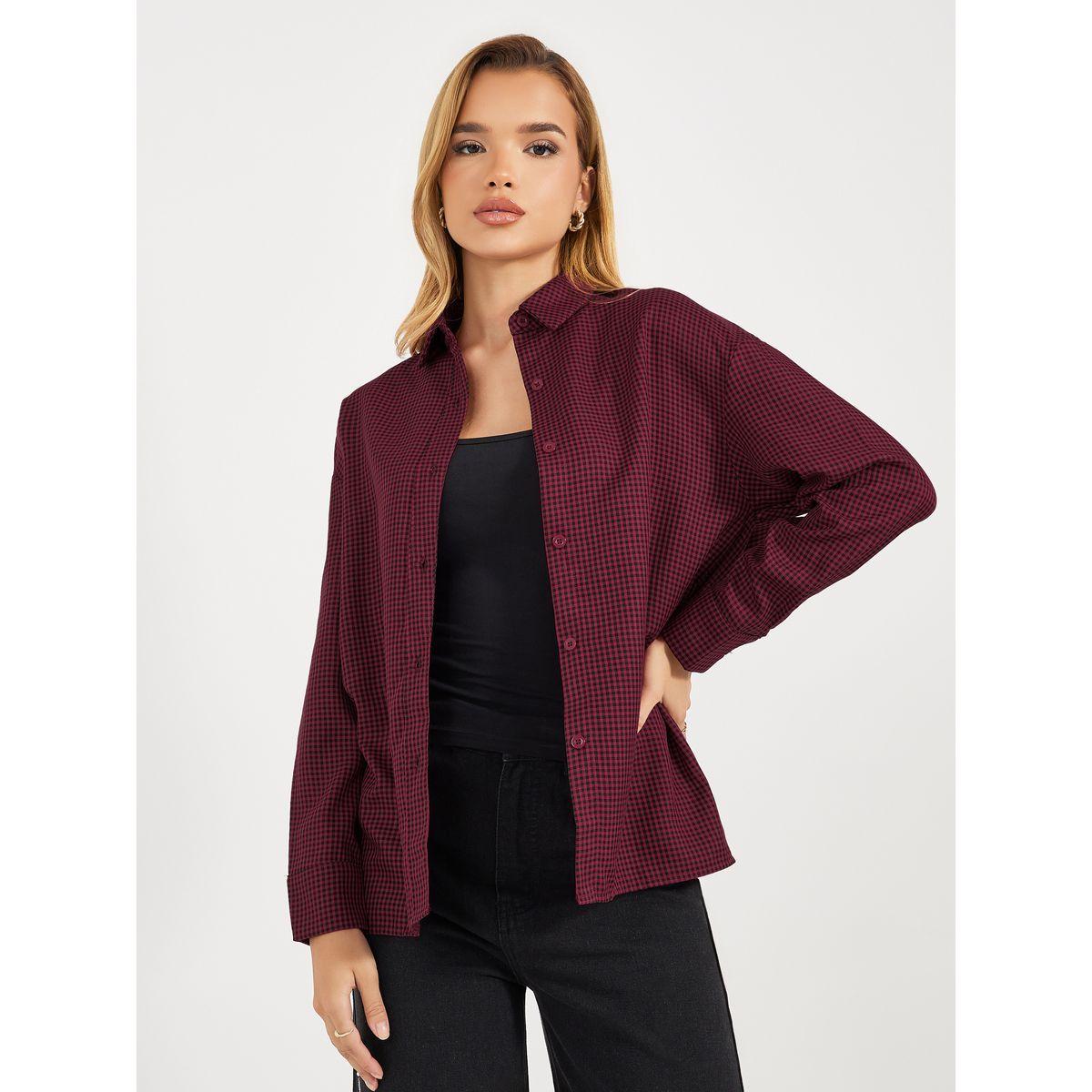 بلوزة فضفاضة بطبعة مربعات مع أزرار غلق-women-clothing-shirtsandblouses-shirts-image-2