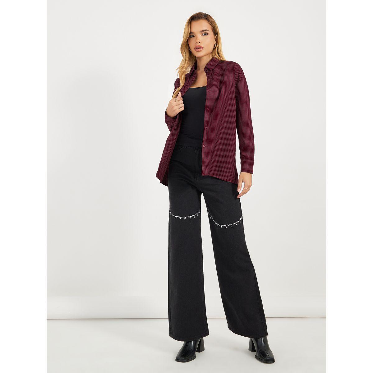 Styli Check Oversized Shirt with Button Placket-women-clothing-shirtsandblouses-shirts-image-3
