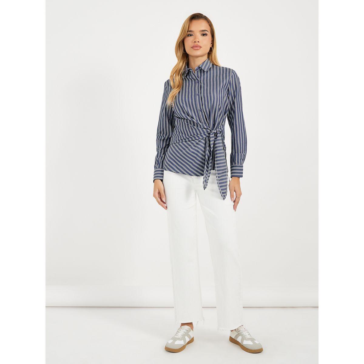 Styli Striped Wrap Tie Detail Regular Fit Shirt-women-clothing-shirtsandblouses-shirts-image-2