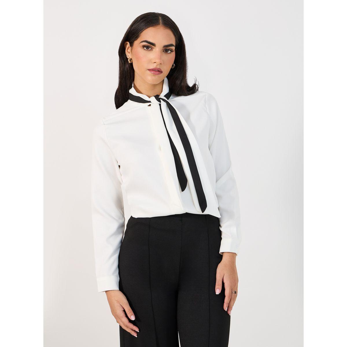 Styli Contrast Tie-Up Neck Detail Regular Fit Shirt-women-clothing-shirtsandblouses-shirts-image-1