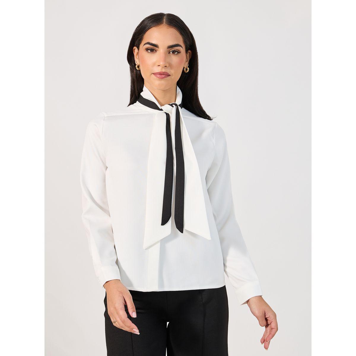 Styli Contrast Tie-Up Neck Detail Regular Fit Shirt-women-clothing-shirtsandblouses-shirts-image-3
