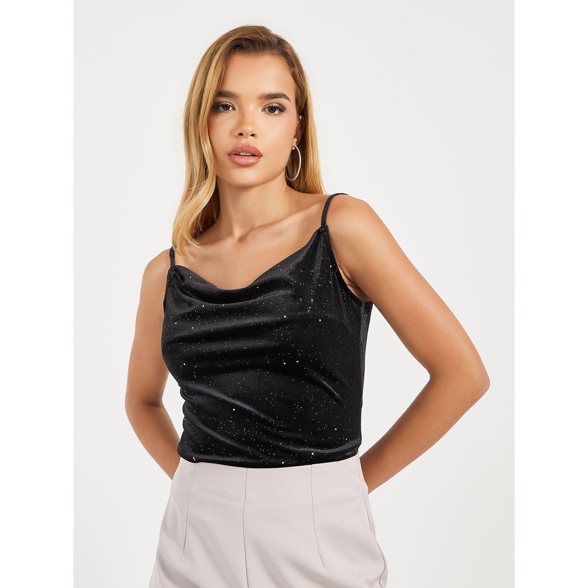 بلوزة كامي بمظهر مخمل وتفاصيل لامعة-women-clothing-tshirts-image-2