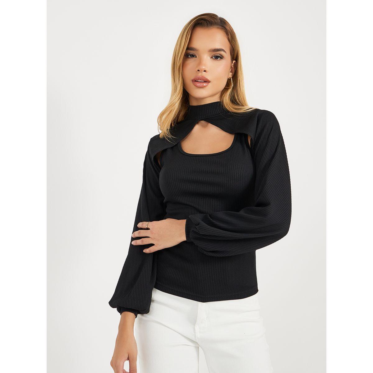 Styli High Neck 2in1 Style Ribbed Knit Layered Top-women-clothing-tshirts-image-1