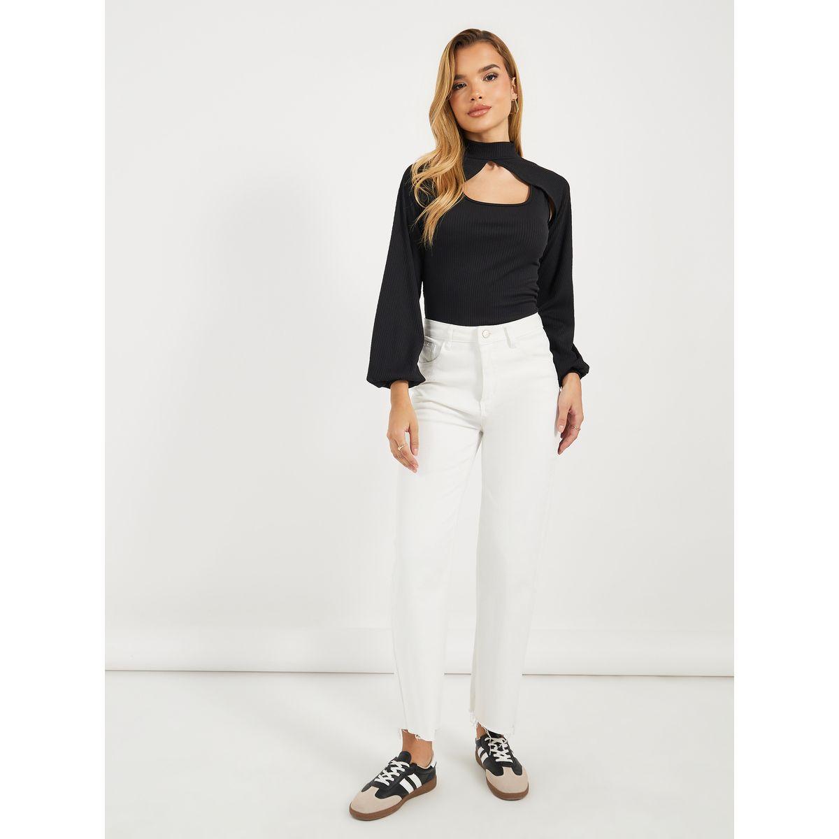 بلوزة محبوكة بياقة عالية وتفاصيل مضلعة-women-clothing-tshirts-image-2