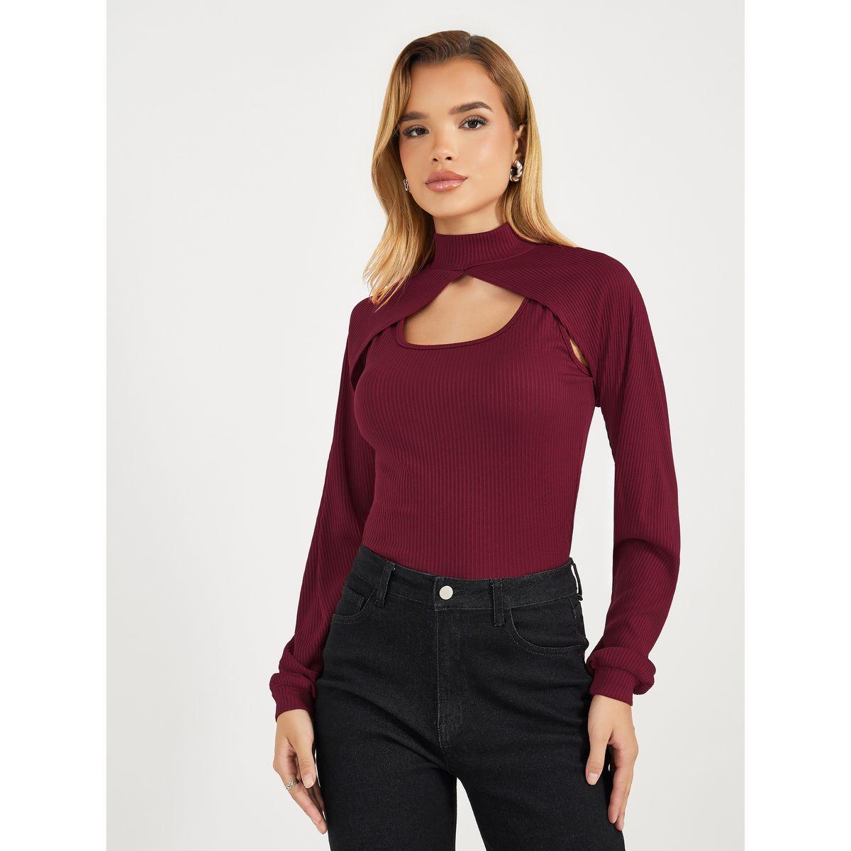 بلوزة محبوكة بياقة عالية وتفاصيل مضلعة-women-clothing-shirtsandblouses-blouses-image-1