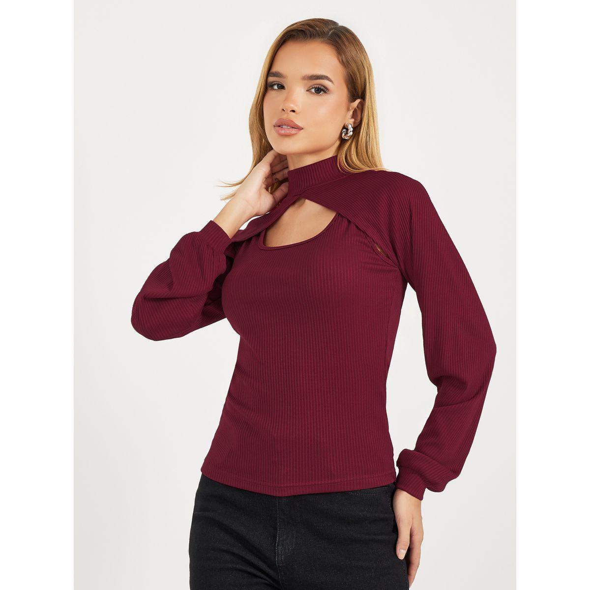 بلوزة محبوكة بياقة عالية وتفاصيل مضلعة-women-clothing-shirtsandblouses-blouses-image-2