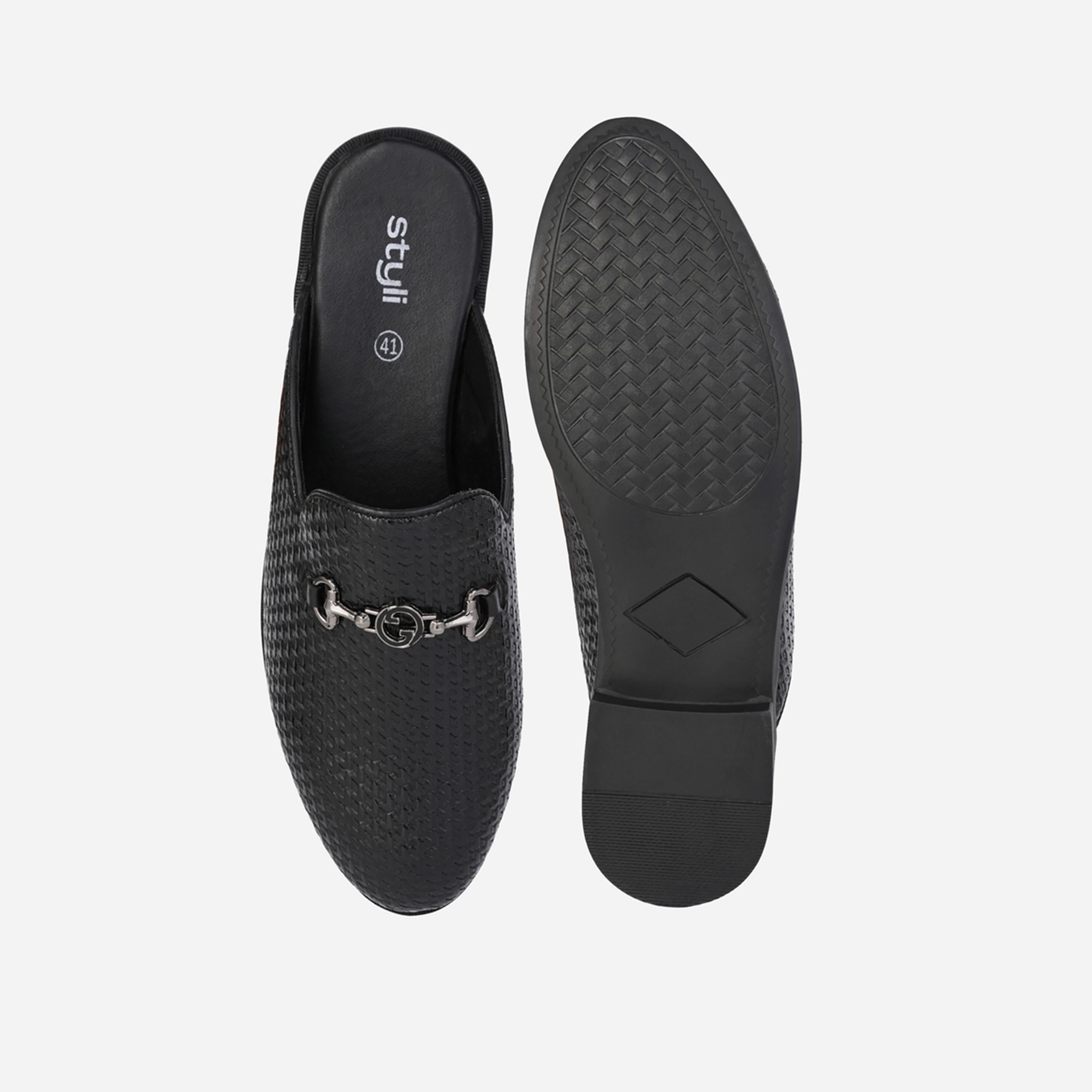 Styli Textured Slip-on Buckle Accent Mules-men-shoes-loafersandmoccasins-image-6