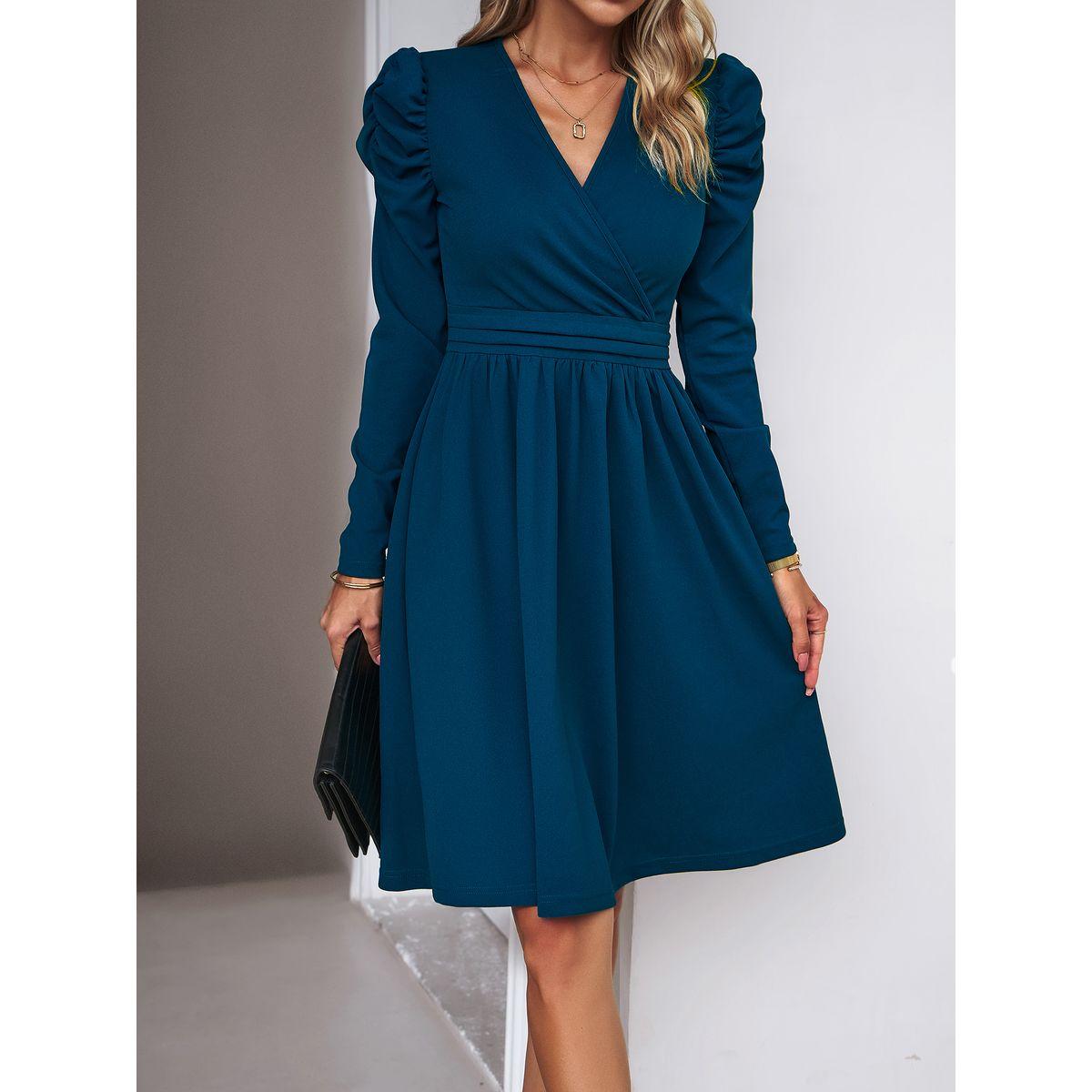 فستان بطول الركبة ونمط لف مع أكمام منفوخة دي واي × ستايلي-women-clothing-dresses-image-1