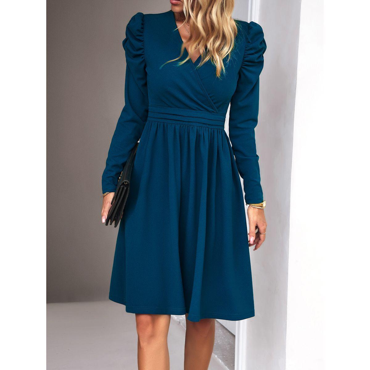 فستان بطول الركبة ونمط لف مع أكمام منفوخة دي واي × ستايلي-women-clothing-dresses-image-3