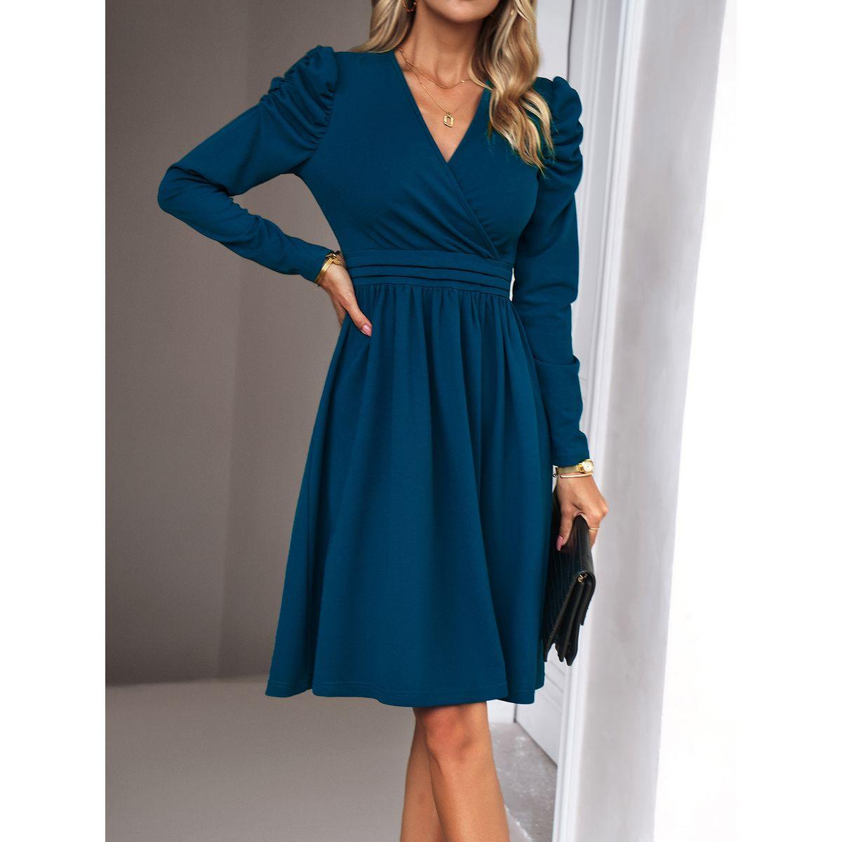 فستان بطول الركبة ونمط لف مع أكمام منفوخة دي واي × ستايلي-women-clothing-dresses-image-4