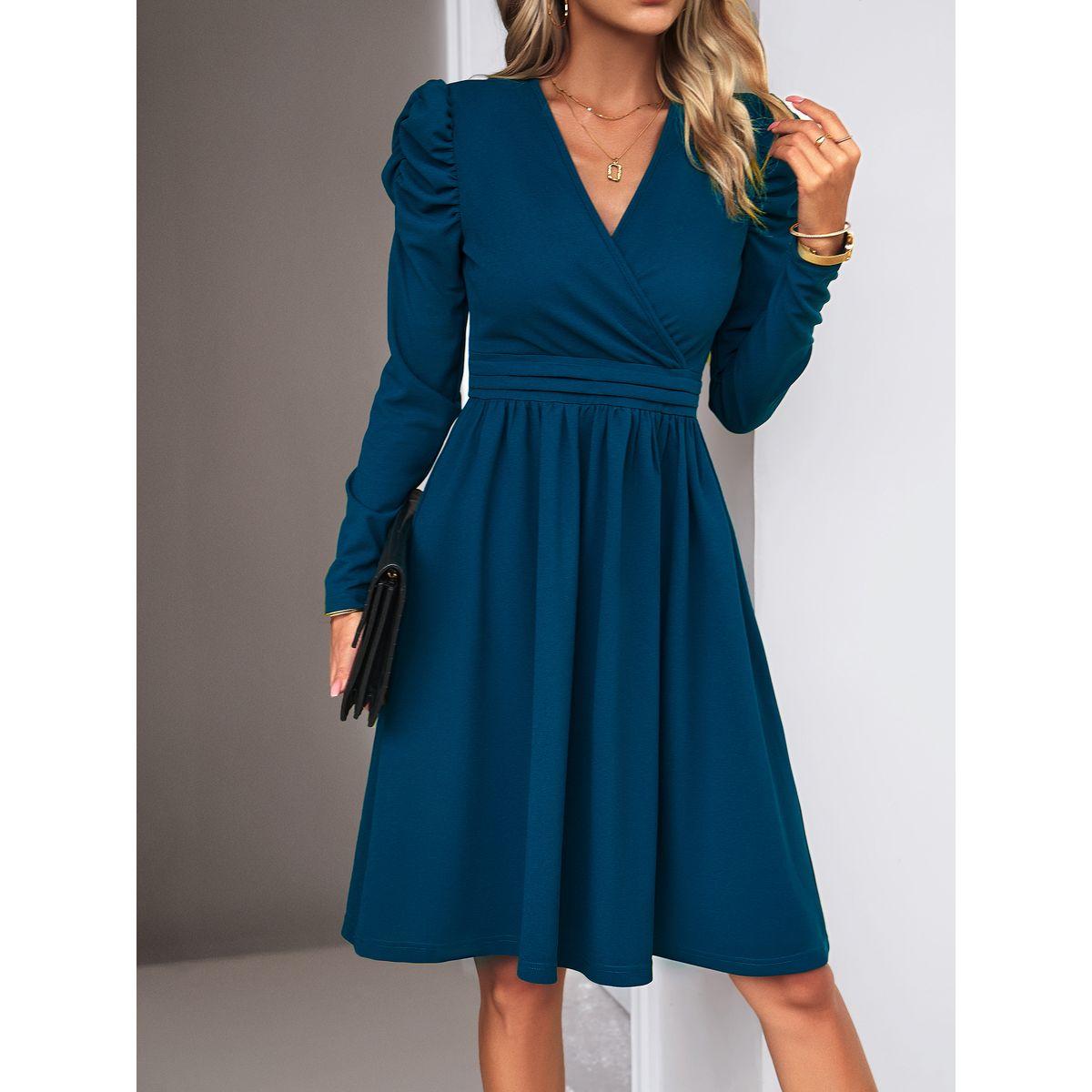فستان بطول الركبة ونمط لف مع أكمام منفوخة دي واي × ستايلي-women-clothing-dresses-image-6