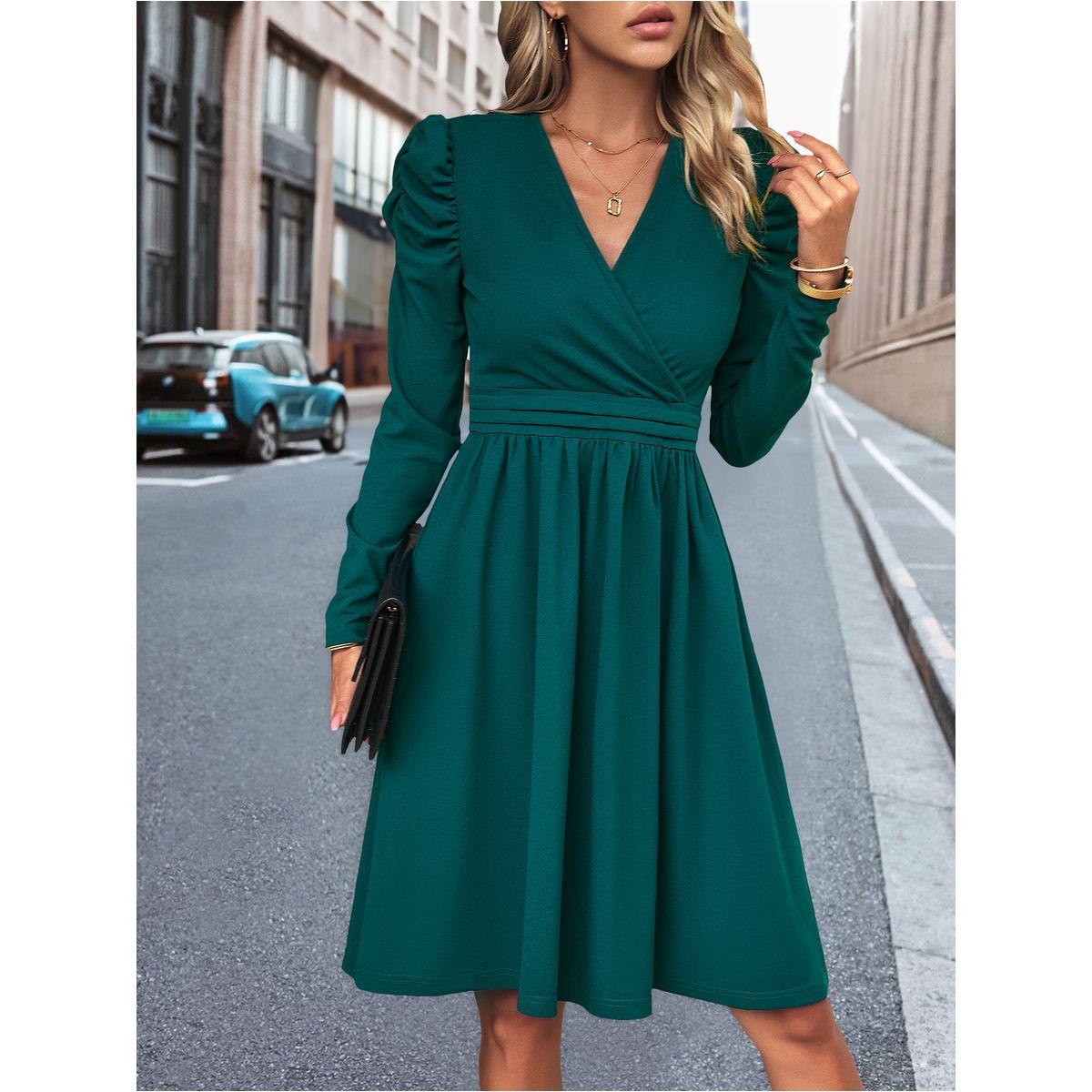 DY X Styli  Wrap Front Knee Length Dress with Puff Sleeves-women-clothing-dresses-image-1