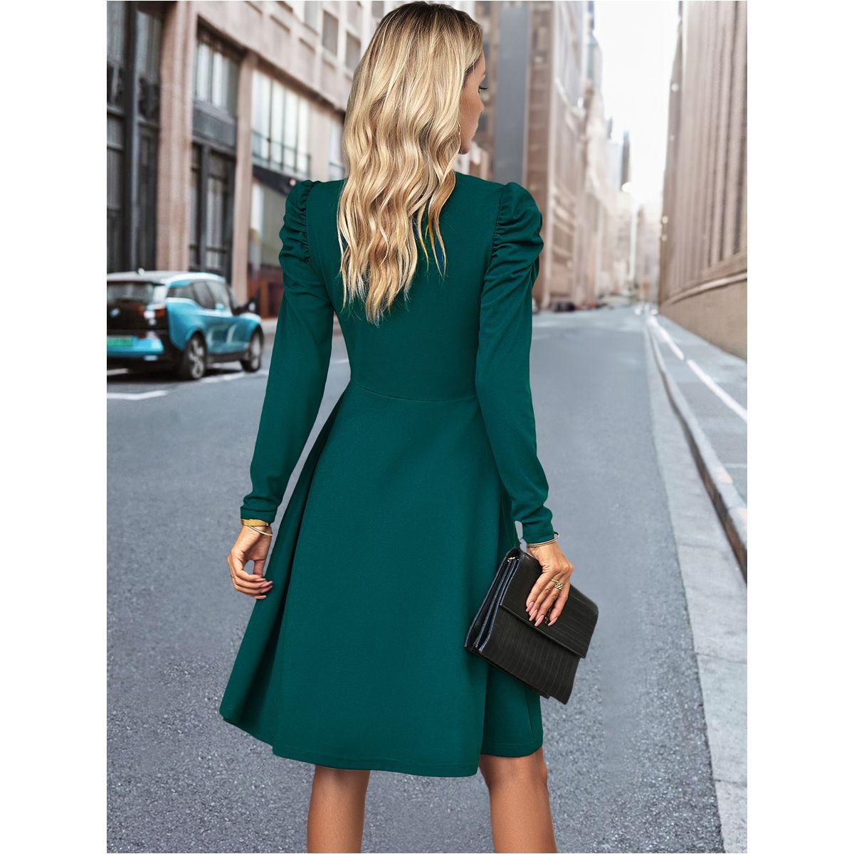 فستان بطول الركبة ونمط لف مع أكمام منفوخة دي واي × ستايلي-women-clothing-dresses-image-2