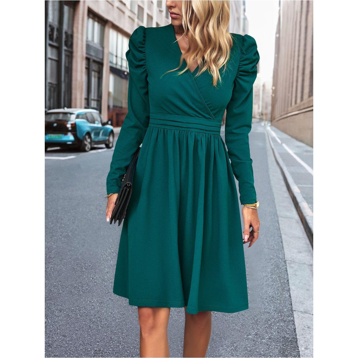 DY X Styli  Wrap Front Knee Length Dress with Puff Sleeves-women-clothing-dresses-image-3