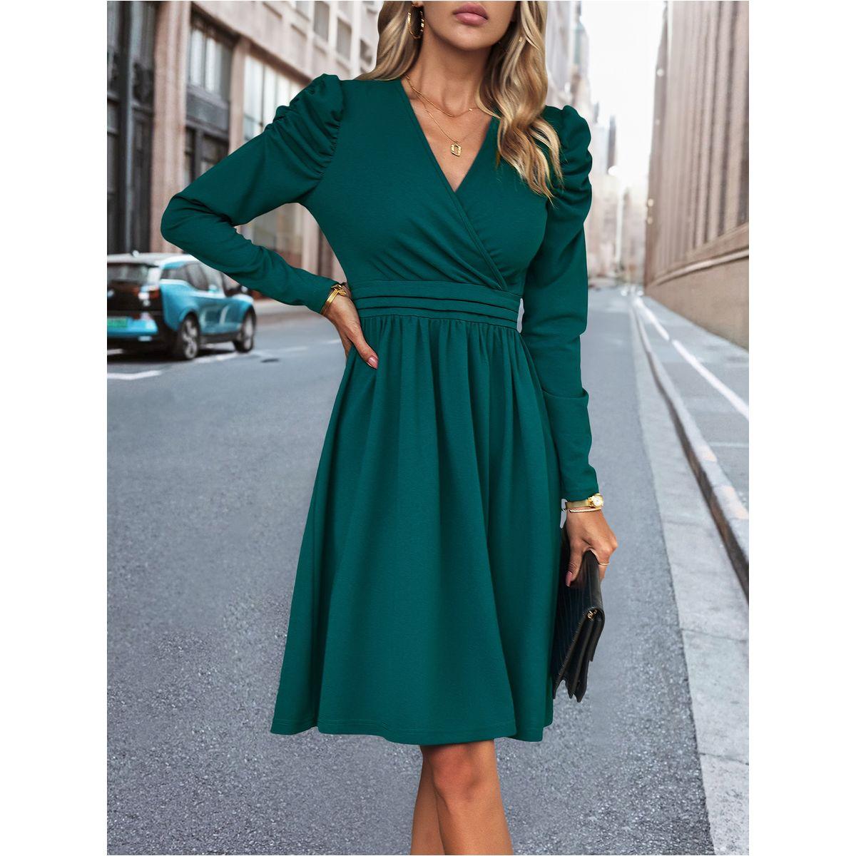 فستان بطول الركبة ونمط لف مع أكمام منفوخة دي واي × ستايلي-women-clothing-dresses-image-4
