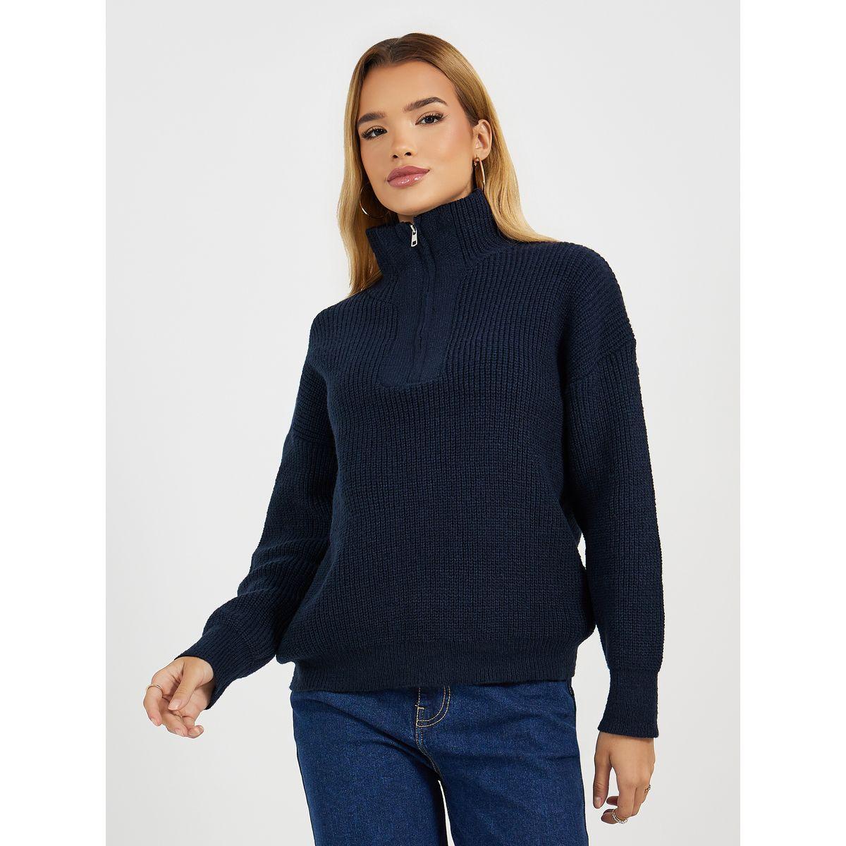 Styli Half Zip Placket Regular Fit Knit Top-women-clothing-tshirts-image-1