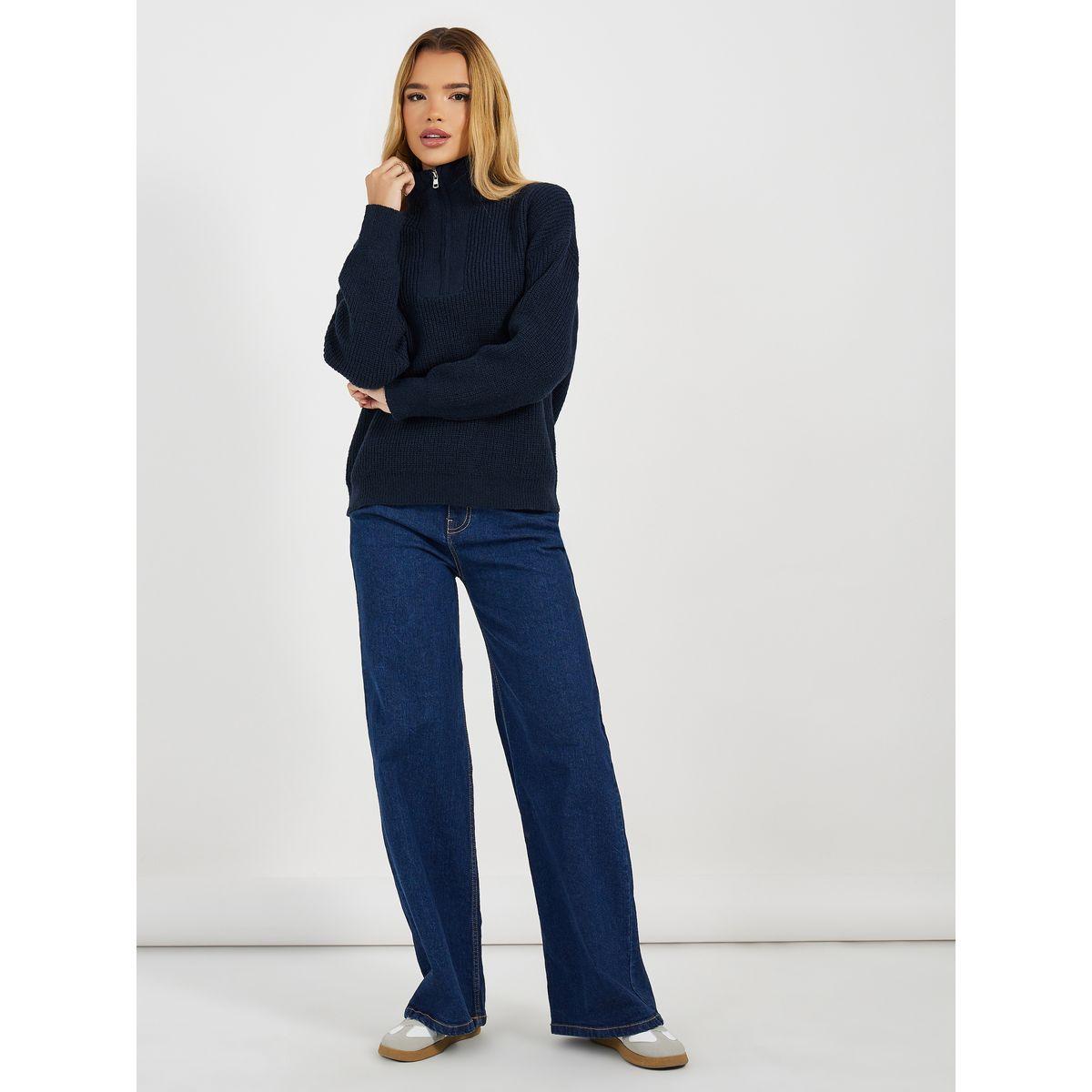 Styli Half Zip Placket Regular Fit Knit Top-women-clothing-tshirts-image-2