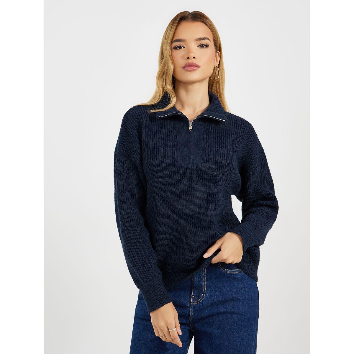 Styli Half Zip Placket Regular Fit Knit Top-women-clothing-tshirts-image-3