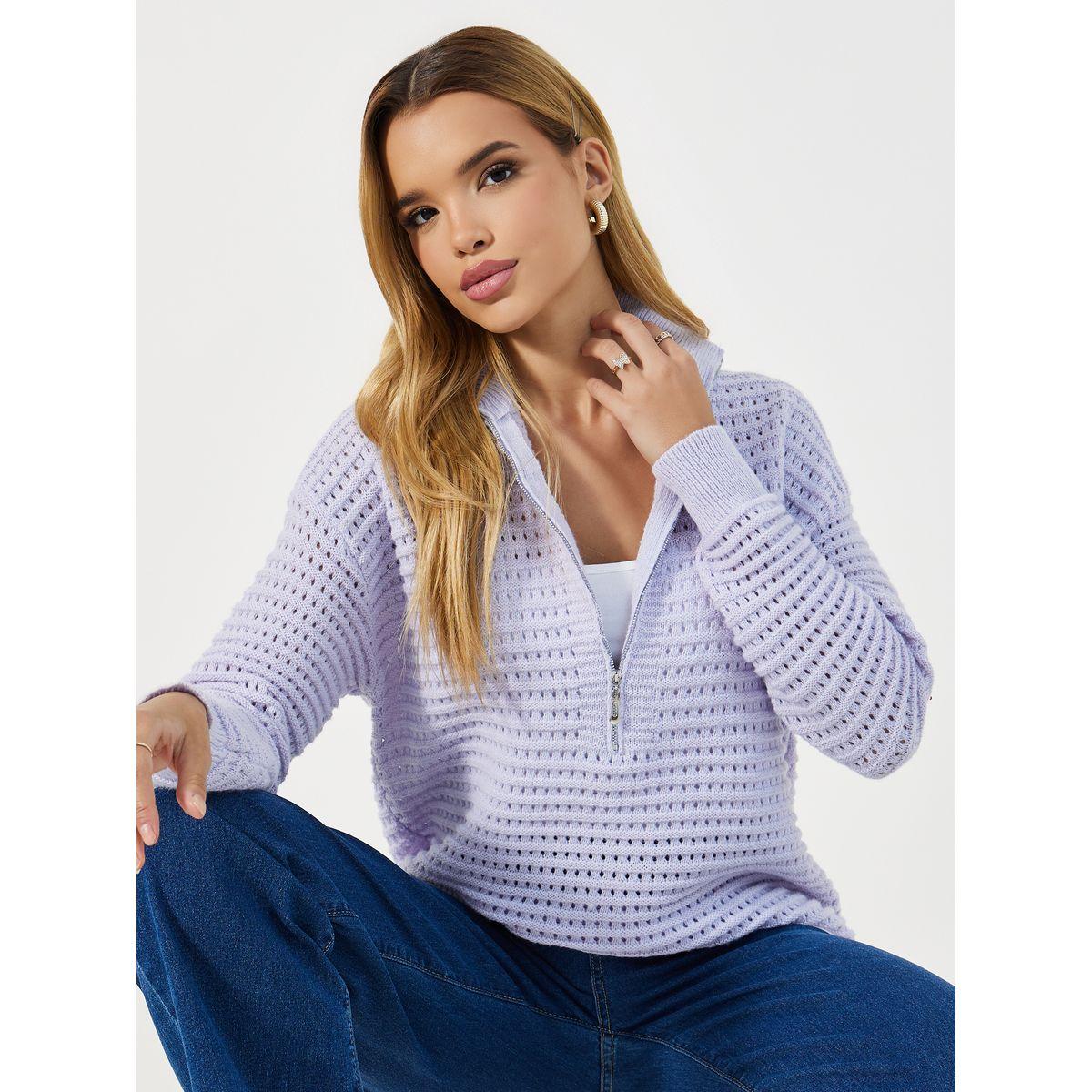 Styli Knitted Long Sleeves Collared Top with Half Zipper Detail-women-clothing-tshirts-image-1