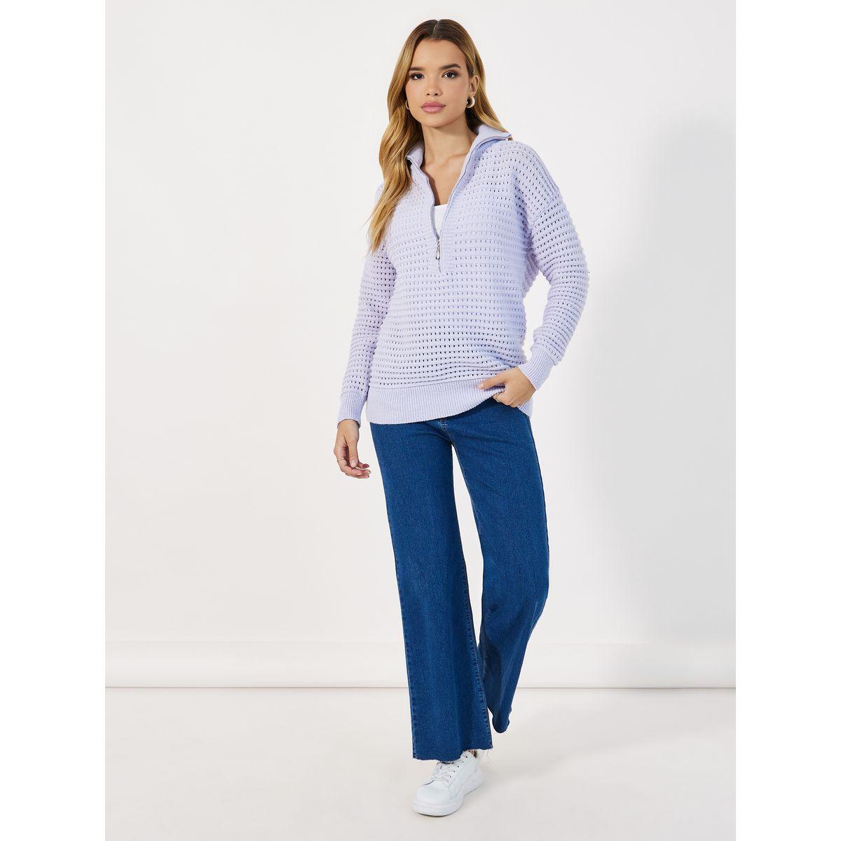 Styli Knitted Long Sleeves Collared Top with Half Zipper Detail-women-clothing-tshirts-image-2
