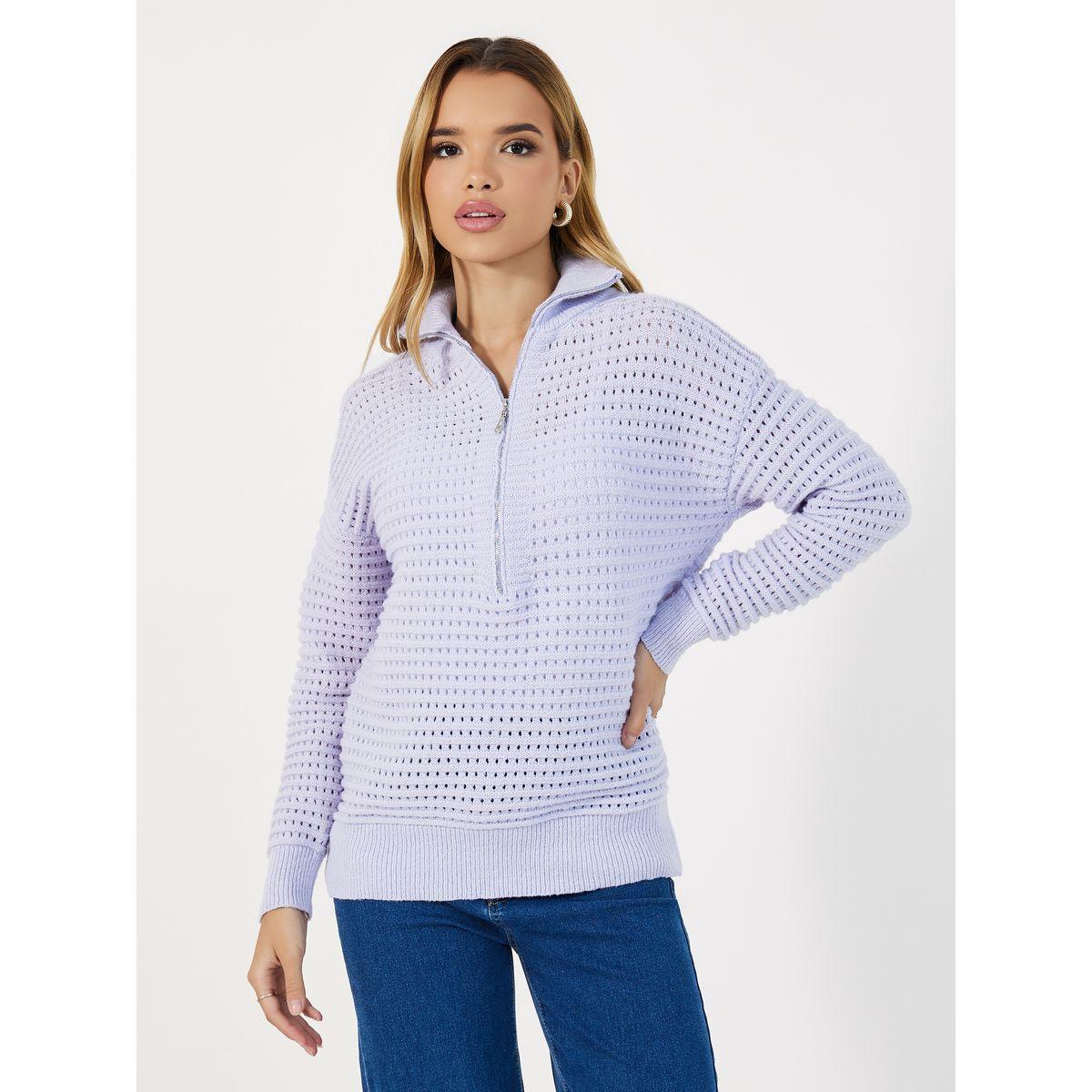 Styli Knitted Long Sleeves Collared Top with Half Zipper Detail-women-clothing-tshirts-image-3