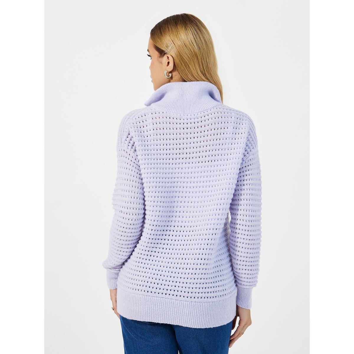 Styli Knitted Long Sleeves Collared Top with Half Zipper Detail-women-clothing-tshirts-image-5