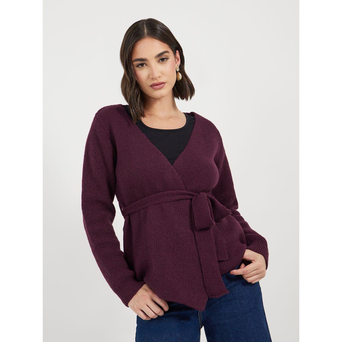 بلوزة محبوكة بنمط لف وحزام خصر-women-clothing-shirtsandblouses-blouses-image-1