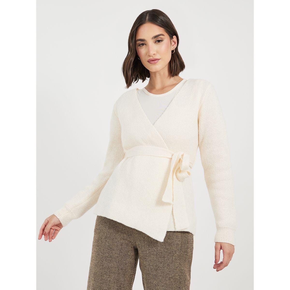 بلوزة محبوكة بنمط لف وحزام خصر-women-clothing-shirtsandblouses-blouses-image-1