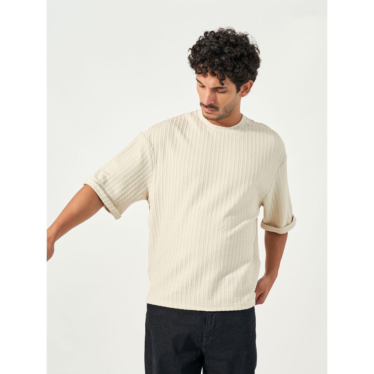 Styli Seersucker Textured Knit Boxy Fitted T-Shirt with Turn-Up Sleeves-men-clothing-tshirtsandpolos-tshirts-image-1