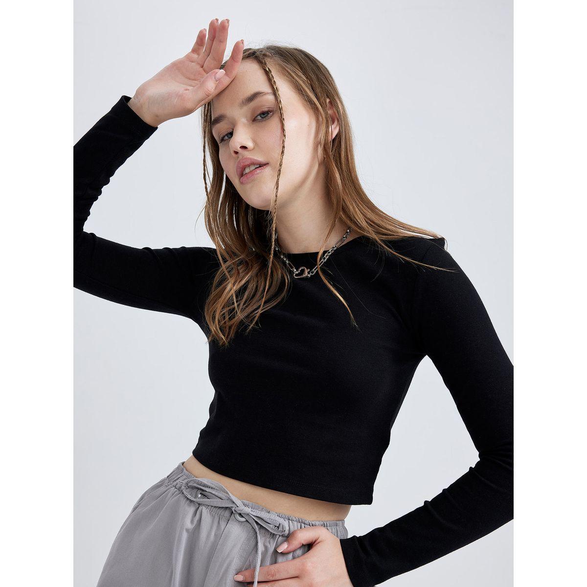 DeFacto X Styli  Rib Fitted Long Sleeves Crop T-Shirt-women-clothing-tshirts-image-2