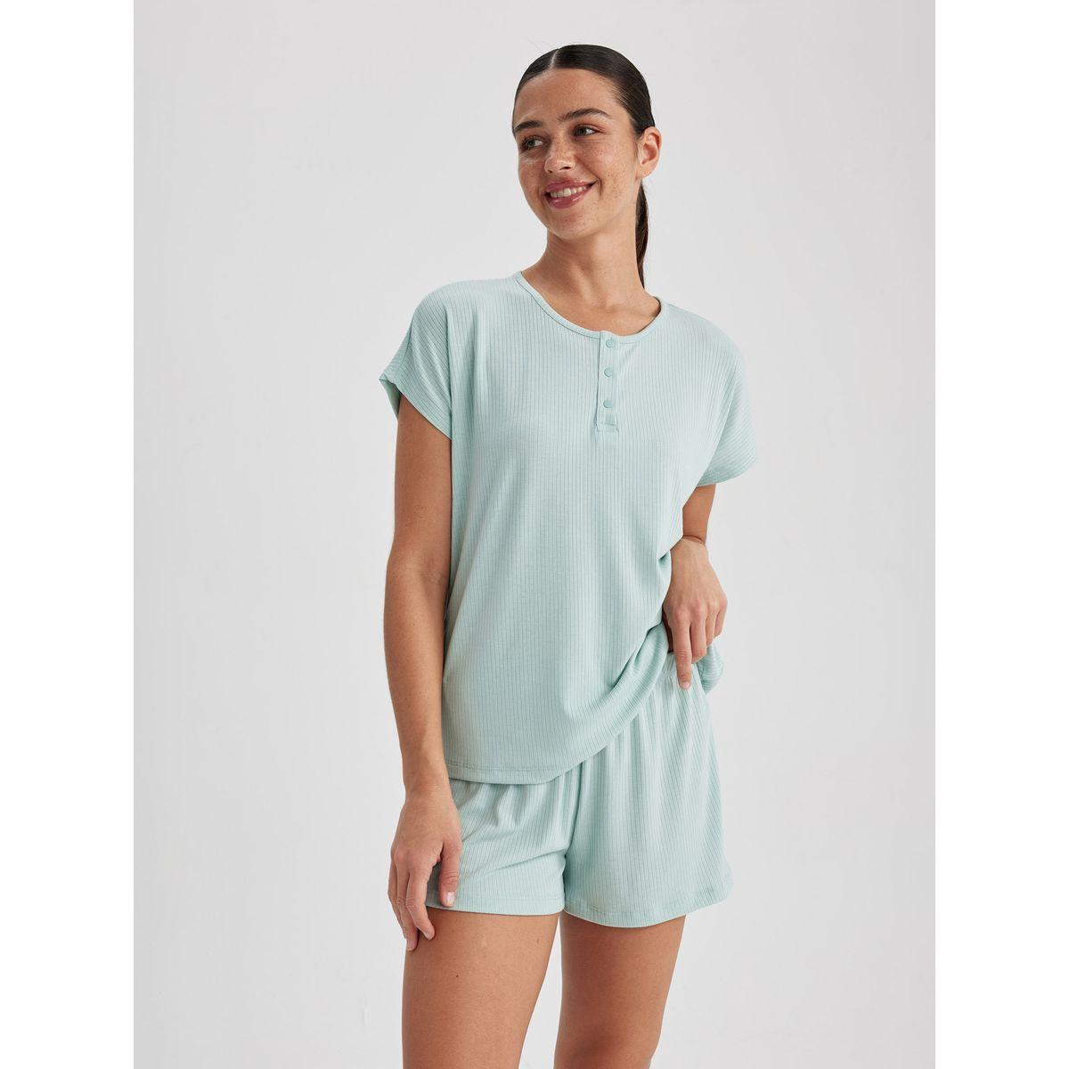 DeFacto X Styli  Textured Round Neck T-Shirt & Shorts Set-women-clothing-nightwear-pyjamas-shortsets-image-1