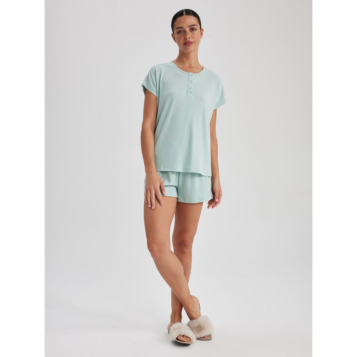 DeFacto X Styli  Textured Round Neck T-Shirt & Shorts Set-women-clothing-nightwear-pyjamas-shortsets-image-2