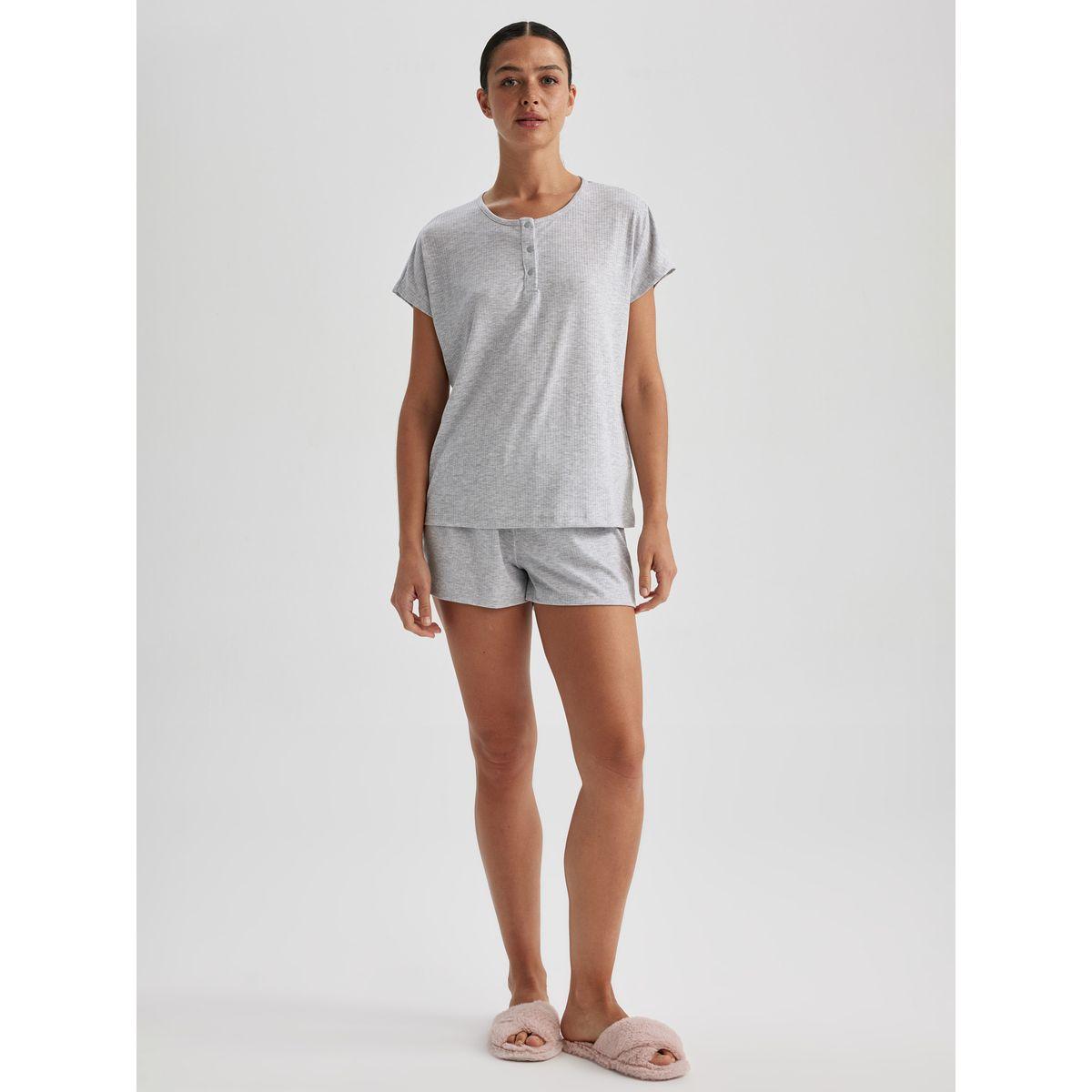 DeFacto X Styli  Textured Round Neck T-Shirt & Shorts Set-women-clothing-nightwear-pyjamas-shortsets-image-1