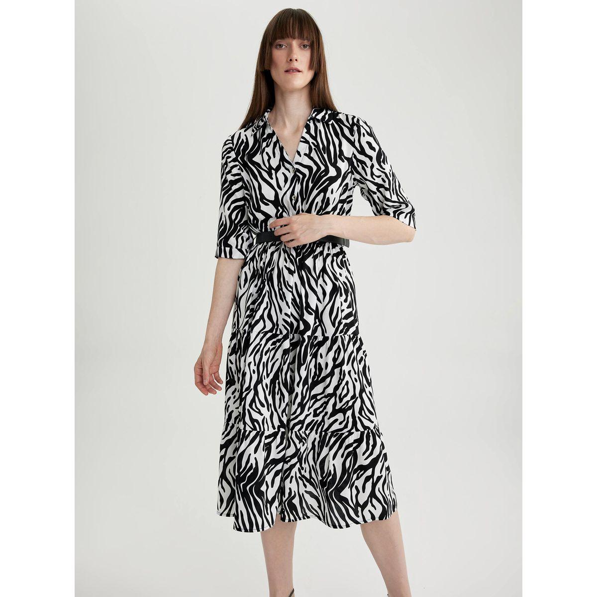 DeFacto X Styli  Animal Print Collared Shirt Midi Dress-women-clothing-dresses-image-1