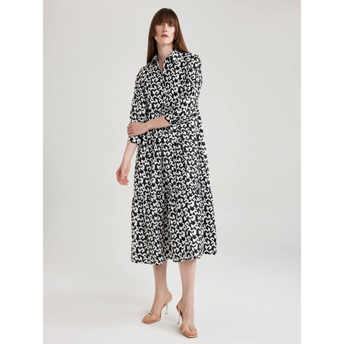 فستان ميدي بنمط بلوزة بوبلين وطبعة هندسية ديفاكتو × ستايلي-women-clothing-dresses-image-1